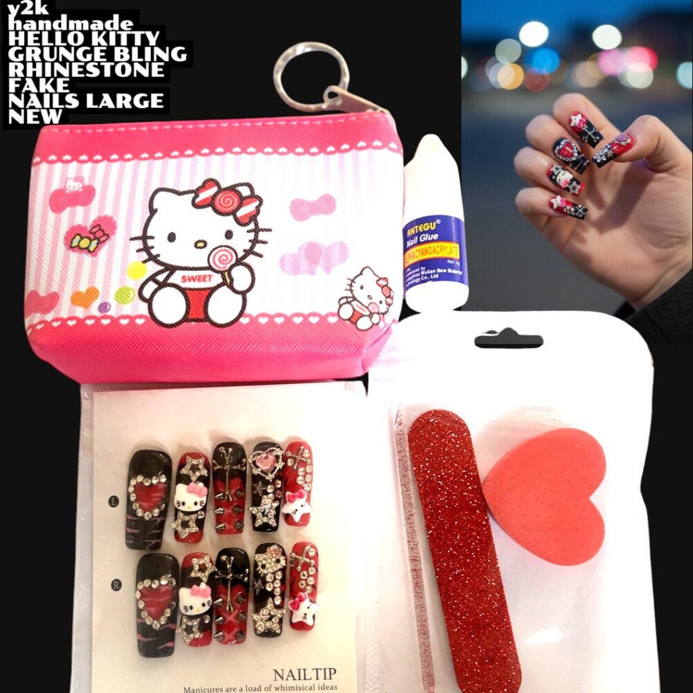 Y2K HANDMADE HELLO KITTY GRUNGE PINK SPIKE LEOPARD FAKE‎ NAILS SET LARGE NEW